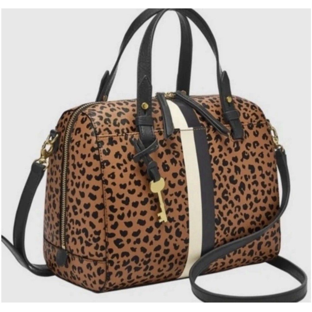 Fossil Leopard Print Satchel with Black and Cream Stripes